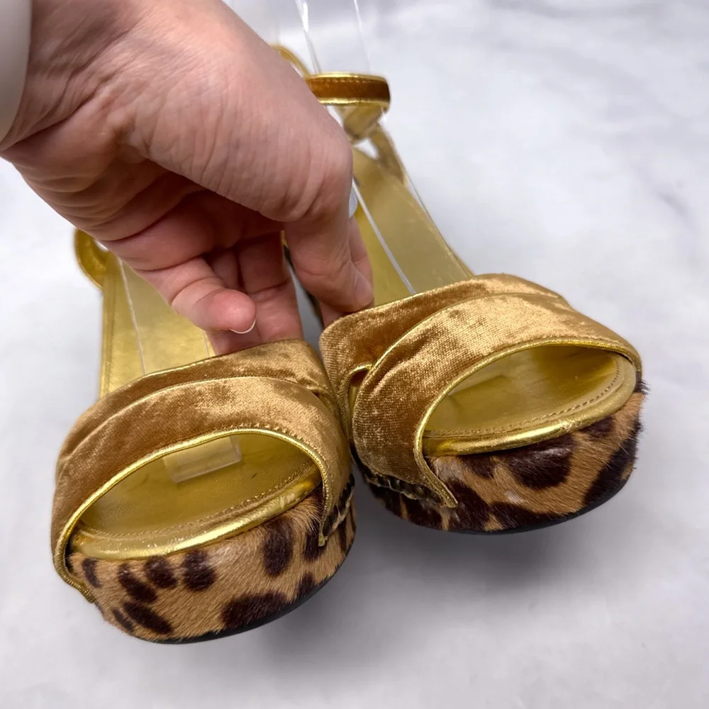 PRADA Vintage Y2K Velvet Leopard Calf Hair Leather Platform Wedge Sandal Heel 38